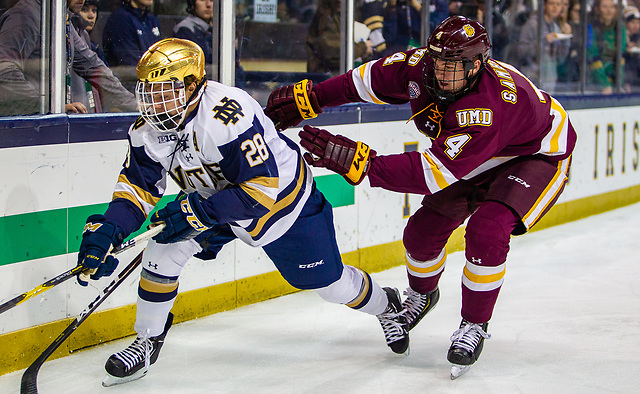 game action between University of Notre Dame vs Minnesota Duluth at Compton Family Ice Arena on October 27, 2018 in South Bend, Indiana. (Mike Miller/Fighting Irish Media)