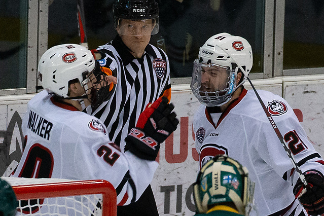 19 Oct 18: St. Cloud goal celebration. The St. Cloud State University Huskies host the Northern Michigan University Wildcats in a non-conference matchup at the Herb Brooks National Hockey Center in St. Cloud, MN. (Jim Rosvold)