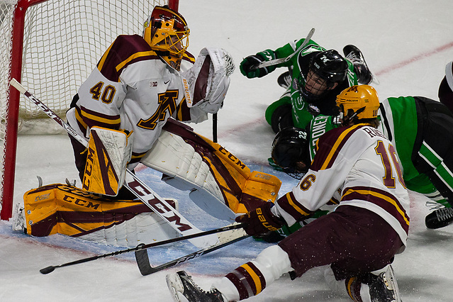 27 Oct 18: The University of North Dakota Fighting Hawks host the University of Minnesota Golden Gophers in the 2018 US Hockey Hall of Fame Game at Orleans Arena in Las Vegas, NV. Photo: Jim Rosvold/University of Minnesota (Jim Rosvold/University of Minnesota)
