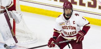Casey Fitzgerald (BC - 5) - The Boston College Eagles tied the visiting University of New Hampshire Wildcats 2-2 on Friday, November 16, 2018, at Kelley Rink in Conte Forum in Chestnut Hill, Massachusetts. (Melissa Wade)