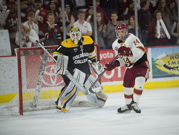 Alex Leclerc of Colorado College and Jarid Lukosevicius of Denver. Colorado College at Denver at Magness Arena, Feb. 17, 2018. (Candace Horgan)