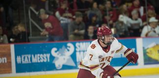 Brett Stapley of Denver, Colorado College at Denver at Magness Arena, Jan. 19, 2019 (Candace Horgan)