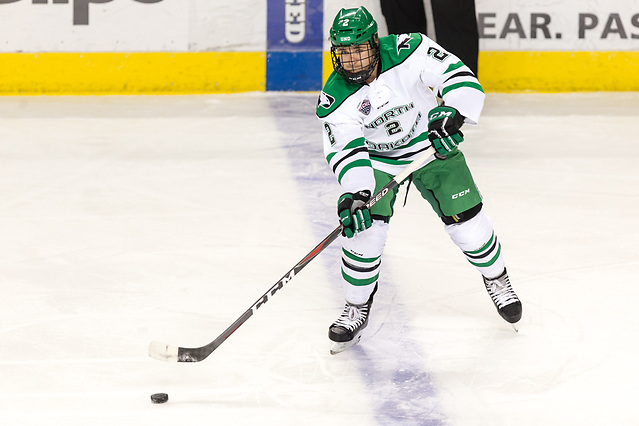 Gabe Bast (UND-2) 2018 November 3 The University of North Dakota hosts the Wisconsin Badgers in a non conference matchup at the Ralph Engelstad Arena in Grand Forks, ND (Bradley K. Olson)
