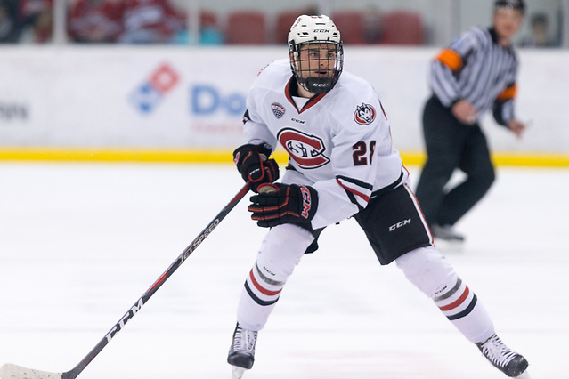 Kevin Fitzgerald (SCSU-28) 2018 November 10 St.Cloud State University hosts Denver in a NCHC contest at the Herb Brooks National Hockey Center in St. Cloud, MN (Bradley K. Olson)