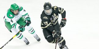 Andrew Peski (North Dakota-4) Wade Allison (Western Michigan-17) 2018 November 17 The University of North Dakota hosts Western Michigan in a NCHC matchup at the Ralph Engelstad Arena in Grand Forks, ND (Bradley K. Olson)