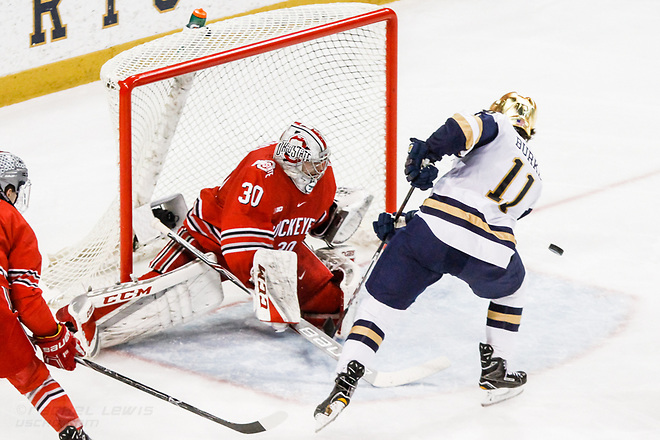 17 MAR 2018: Sean Romeo (OSU - 30), Cal Burke (ND - 11). The University of Notre Dame Fighting Irish host the Ohio State University in the 2018 B1G Championship at Compton Family Ice Arena in South Bend, IN. (Rachel Lewis - USCHO) (Rachel Lewis/©Rachel Lewis)