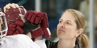Katie Crowley (BC - Head Coach) with Alex Carpenter (BC - 5) - The University of Minnesota Golden Gophers defeated the Boston College Eagles 3-1 to win the 2016 NCAA national championship on Sunday, March 20, 2016, at the Whittemore Center Arena in Durham, New Hampshire. (Melissa Wade)
