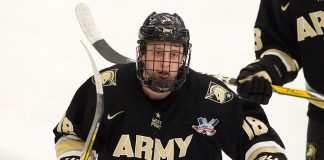 The visiting Army West Point Black Knights defeated the Bentley University Falcons 5-1 on Friday, February 16, 2018, in the first game in the new Bentley Arena in Waltham, Massachusetts. (Melissa Wade)