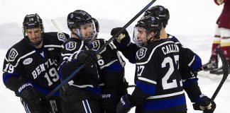 The visiting Bentley University Falcons defeated the Boston College Eagles 4-2 (EN) in their first ever match up on Friday, November 23, 2018, at Kelley Rink in Conte Forum in Chestnut Hill, Massachusetts. (Melissa Wade)