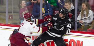 The Boston College Eagles defeated the visiting Providence College Friars 4-2 (EN) on Friday, January 11, 2019, at Kelley Rink in Conte Forum in Chestnut Hill, Massachusetts. (Melissa Wade)