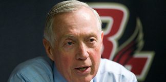 Jerry York (BC - Head Coach) addresses the media following his milestone win. - The Boston College Eagles defeated the Merrimack College Warriors 4-2 to give Head Coach Jerry York his 900th collegiate win on Friday, February 17, 2012, at Kelley Rink at Conte Forum in Chestnut Hill, Massachusetts. (Melissa Wade)