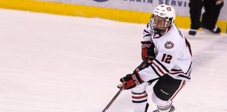 Jack Ahcan (SCSU-12) 2018 December 8 St.Cloud State University hosts University of Nebraska Omaha in a NCHC contest at the Herb Brooks National Hockey Center (Bradley K. Olson)