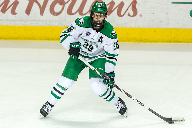 Hayden Shaw (North Dakota-28) 2019 January 12 University of North Dakota hosts Colorado College in a NCHC matchup at the Ralph Engelstad Arena in Grand Forks, ND (Bradley K. Olson)