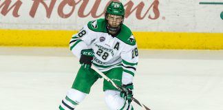 Hayden Shaw (North Dakota-28) 2019 January 12 University of North Dakota hosts Colorado College in a NCHC matchup at the Ralph Engelstad Arena in Grand Forks, ND (Bradley K. Olson)