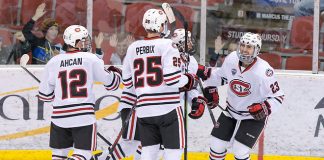 Robby Jackson (SCSU-23) Nick Perbix (SCSU-25) Jack Ahcan (SCSU-12) 2019 February 9 St. Cloud State University hosts Colorado College in a NCHC contest at the Herb Brooks National Hockey Center (Bradley K. Olson)