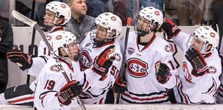 Sam Hentges (SCSU-19) 2019 February 9 St. Cloud State University hosts Colorado College in a NCHC contest at the Herb Brooks National Hockey Center (Bradley K. Olson)