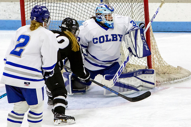 WATERVILLE, ME - NOVEMBER 17, 2018 Colby College's Cierra San Roman makes a save from Bowdoin College during their hockey game at Colby Saturday. (Photo by Ashley L. Conti) (Ashley L. Conti)