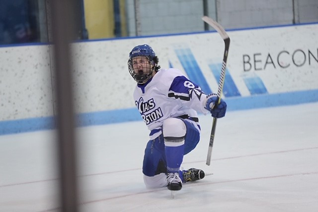 Nolan Redler of UMass-Boston had four goals and two assists in first-place clinching win over Babson (Macayla Chianco - Beacons Athletics)