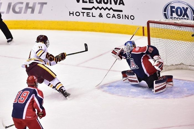 ASU's Jack Rowe scores a goal against ACHA Arizona during the Sun Devils' first game as an NCAA D-I opponent back on Oct. 3. 2015 (photo: Sun Devil Athletics)
