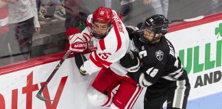 Shane Bowers (BU - 15), Jacob Bryson (PC - 18) - The visiting Providence College Friars defeated the Boston University Terriers 5-0 on Friday, October 26, 2018, at Agganis Arena in Boston, Massachusetts. - The visiting Providence College Friars defeated the Boston University Terriers 5-0 on Friday, October 26, 2018, at Agganis Arena in Boston, Massachusetts. (Melissa Wade)