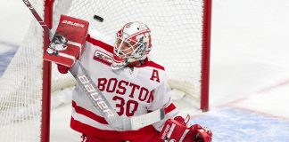 Jake Oettinger (BU - 30) - The visiting Providence College Friars defeated the Boston University Terriers 5-0 on Friday, October 26, 2018, at Agganis Arena in Boston, Massachusetts. - The visiting Providence College Friars defeated the Boston University Terriers 5-0 on Friday, October 26, 2018, at Agganis Arena in Boston, Massachusetts. (Melissa Wade)