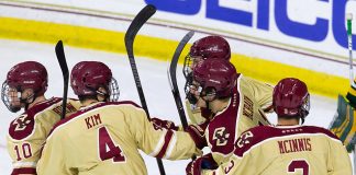 The Boston College Eagles defeated the University of Vermont Catamounts 4-1 on Thursday, November 8, 2018, at Kelley Rink in Conte Forum in Chestnut Hill, Massachusetts. (Melissa Wade)