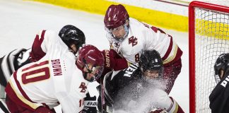 The Boston College Eagles defeated the visiting Providence College Friars 4-2 (EN) on Friday, January 11, 2019, at Kelley Rink in Conte Forum in Chestnut Hill, Massachusetts. (Melissa Wade)