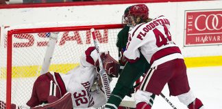 The Harvard University Crimson defeated the visiting Dartmouth College Big Green 3-1 in the first game of their ECAC quarterfinal series on Friday, March 15, 2019, at Bright-Landry Hockey Center in Boston, Massachusetts. (Melissa Wade)