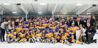 Wisconsin-Stevens Point completed an unbeaten season (29-0-2) with a national championship, downing Norwich in overtime Saturday night on home ice (photo: Kylie Bridenhagen)