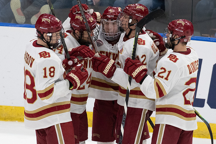 29 Mar 19: The Denver Pioneers play against the American International Yellow Jackets in the 2019 West Regional final at Scheels Arena in Fargo, ND. (Jim Rosvold)