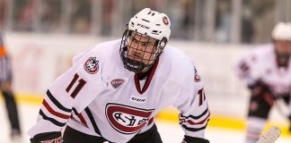 Ryan Poehling (SCSU-11) 2017 Nov. 17 St. Cloud State University hosts Colorado College in a NCHC game at the Herb Brooks National Hockey Center St. Cloud (Bradley K. Olson)