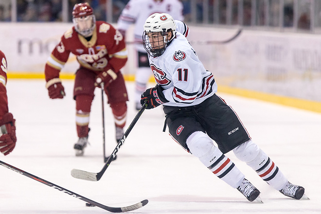Ryan Poehling (SCSU-11) 2018 November 10 St.Cloud State University hosts Denver in a NCHC contest at the Herb Brooks National Hockey Center in St. Cloud, MN (Bradley K. Olson)