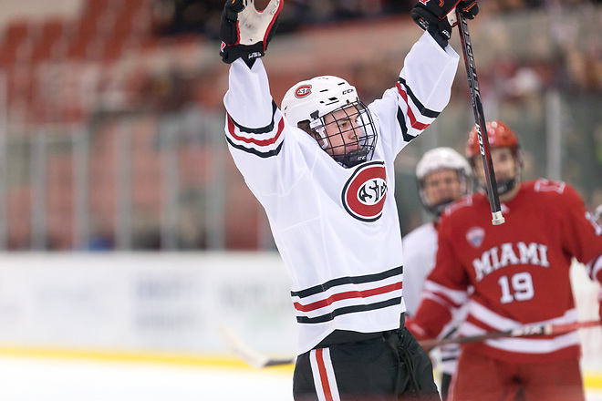 Nick Poehling (SCSU-7) 2019 March 15 St. Cloud State University hosts Miami of Ohio a NCHC playoff contest at the Herb Brooks National Hockey Center (Bradley K. Olson)