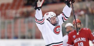 Nick Poehling (SCSU-7) 2019 March 15 St. Cloud State University hosts Miami of Ohio a NCHC playoff contest at the Herb Brooks National Hockey Center (Bradley K. Olson)