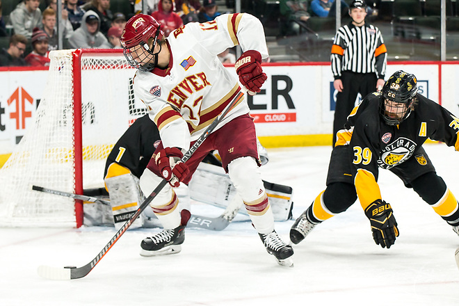 Kyle Mayhew (Denver-27) Alex Leclerc (Colorado College-1) 2019 March 23 Denver and Colorado College meet in the 3rd place game of the NCHC Frozen Face Off at the Xcel Energy Center in St. Paul, MN (Bradley K. Olson)