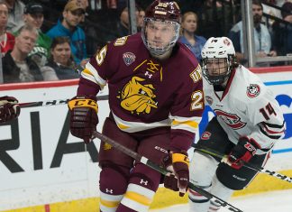 Peter Krieger (Minnesota-Duluth-25) 2019 March 23 University of Minnesota Duluth and St. Cloud State University meet in the championship game of the NCHC Frozen Face Off at the Xcel Energy Center in St. Paul, MN (Bradley K. Olson)