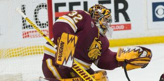 Hunter Shepard (Minnesota-Duluth -32) 2019 March 23 University of Minnesota Duluth and St. Cloud State University meet in the championship game of the NCHC Frozen Face Off at the Xcel Energy Center in St. Paul, MN (Bradley K. Olson)