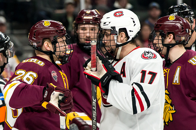 Jade Miller (Minnesota-Duluth-26) Jacob Benson (SCSU-17) Billy Exell (Minnesota-Duluth-16) 2019 March 23 University of Minnesota Duluth and St. Cloud State University meet in the championship game of the NCHC  Frozen Face Off at the Xcel Energy Center in St. Paul, MN (Bradley K. Olson)