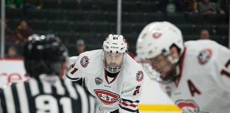 Jake Wahlin (SCSU-21) 2019 March 23 University of Minnesota Duluth and St. Cloud State University meet in the championship game of the NCHC Frozen Face Off at the Xcel Energy Center in St. Paul, MN (Bradley K. Olson)