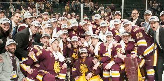 UMD Bulldogs Champions 2019 March 23 University of Minnesota Duluth and St. Cloud State University meet in the championship game of the NCHC Frozen Face Off at the Xcel Energy Center in St. Paul, MN (Bradley K. Olson)