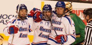 Nick Marin (UML - 23) celebrates his second goal of the game with Ryan Lohin (UML - 18) and Mattias Göransson (UML - 26). (2017 Melissa Wade)