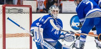 Billy Christopoulos (44 - Air Force) had 31 saves in a shutout win at RIT (2018 Omar Phillips)