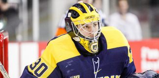 JAN 26, 2018: Hayden Lavigne (Michigan - 30) The #6 Ohio State Buckeyes shut out the #20 Michigan Wolverines 4-0 at Value City Arena in Columbus, OH. (Rachel Lewis - USCHO) (Rachel Lewis/©Rachel Lewis)
