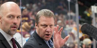 28 Jan 17: Brett Larson (Minnnesota Duluth - Assistant Coach, Scott Sandelin (Minnesota Duluth - Head Coach). The University of Minnesota Duluth Bulldogs play against the St. Cloud State University Huskies in the Championship game of the North Star College Cup at the Xcel Energy Center in St. Paul, MN. (Jim Rosvold)