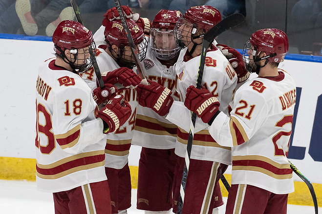 29 Mar 19: The Denver Pioneers play against the American International Yellow Jackets in the 2019 West Regional final at Scheels Arena in Fargo, ND. (Jim Rosvold)