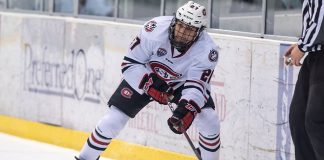 Blake Lizotte (SCSU-27) 2018 November 10 St.Cloud State University hosts Denver in a NCHC contest at the Herb Brooks National Hockey Center in St. Cloud, MN (Bradley K. Olson)