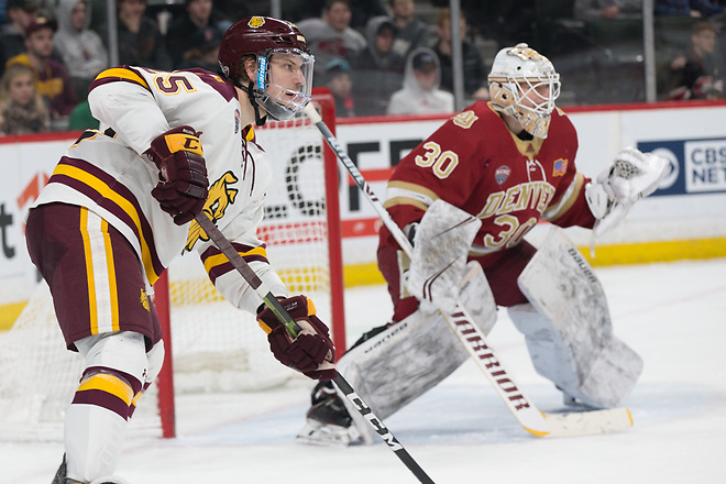Peter Krieger (Minnesota-Duluth-25) Filip Larsson (Denver-30) 2019 March 22 Denver and University of Minnesota Duluth meet in the semi finals of the NCHC  Frozen Face Off at the Xcel Energy Center in St. Paul, MN (Bradley K. Olson)