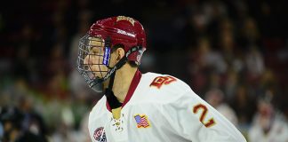 Erich Fear of Denver. Omaha vs. Denver, Magness Arena, Denver, Jan. 19, 2018. (Candace Horgan)