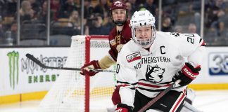 The Northeastern University Huskies defeated the Boston College Eagles 3-2 to take the 2019 Hockey East championship on Saturday, March 23, 2019, at TD Garden in Boston, Massachusetts. (Melissa Wade)