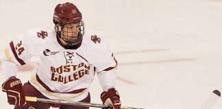 Zach Sanford (BC - 24) - The Boston College Eagles defeated the visiting University of New Brunswick Varsity Reds 6-4 in an exhibition game on Saturday, October 4, 2014, at Kelley Rink in Conte Forum in Chestnut Hill, Massachusetts. (Melissa Wade)